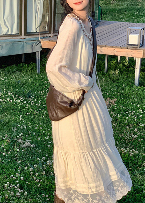 Beige Lace Patchwork Cotton Long Dress Spring