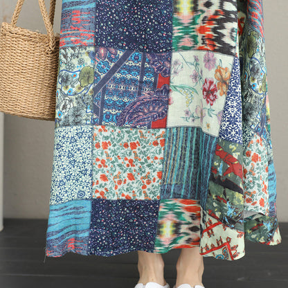 Baggy Patchwork Prints Linen Dresses Loose Fitting Sleeveless Traveling Clothing Big Hem Linen Caftans