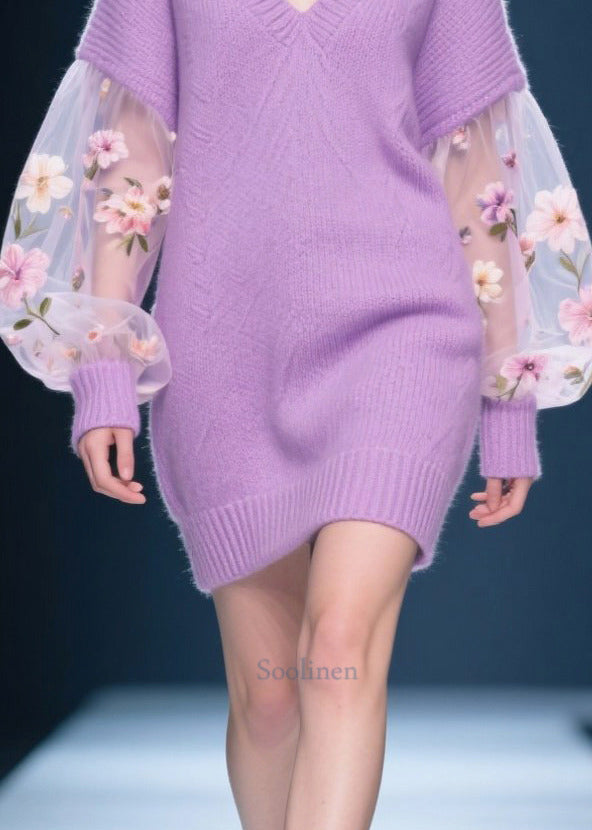 Purple V Neck Patchwork Tulle Knit Sweater Dress Winter