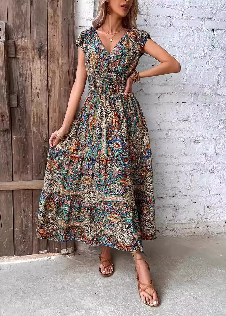 Loose V Neck Print Cotton Long Dress Summer