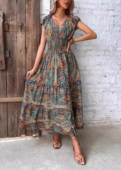 Loose V Neck Print Cotton Long Dress Summer
