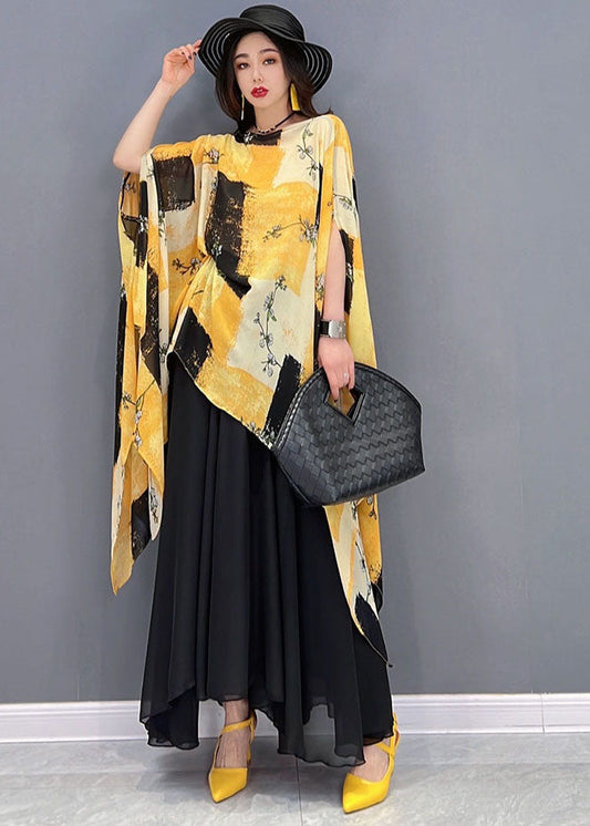Yellow Asymmetrical Print Chiffon Tops and Skirts Two Piece Outfit Summer