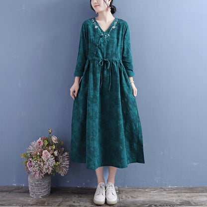 Autumn Cotton Linen Embroidery Retro Dress