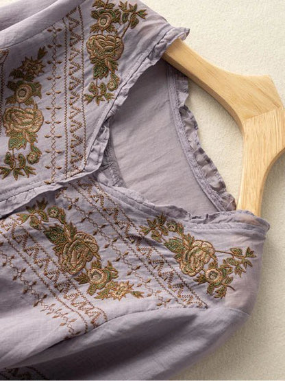 Embroidered Crew Neck 3/4 Sleeve Linen Top
