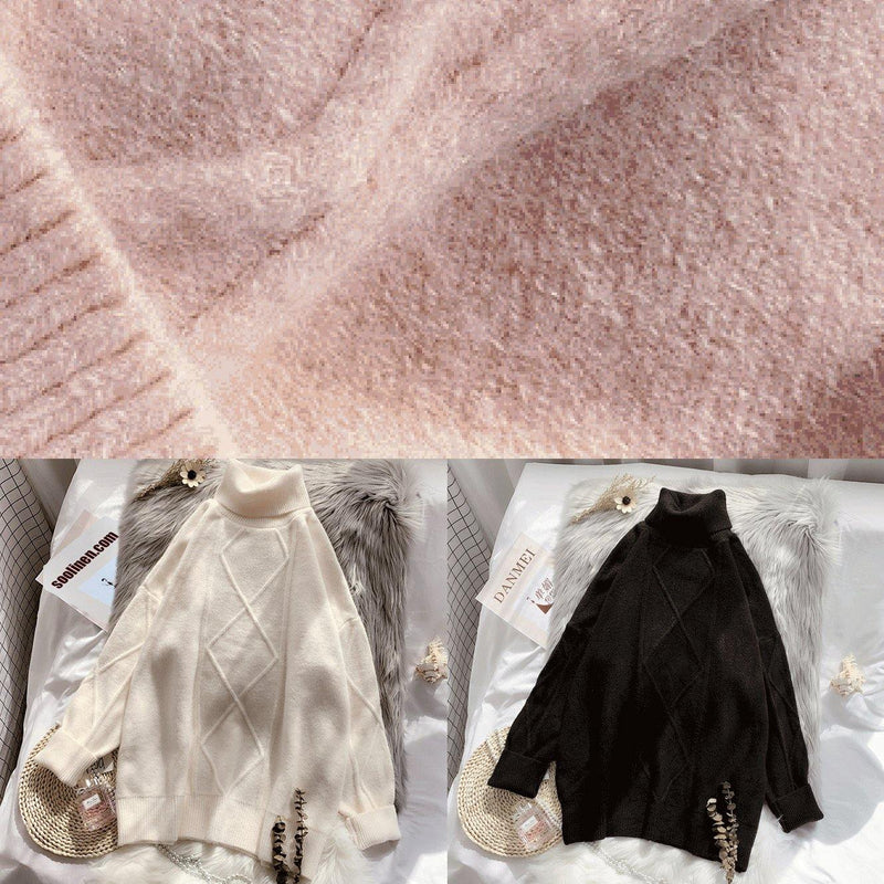 Winter Pink Sweater Dress Outfit Design High Neck Long Sleeve Fuzzy Knit Dress