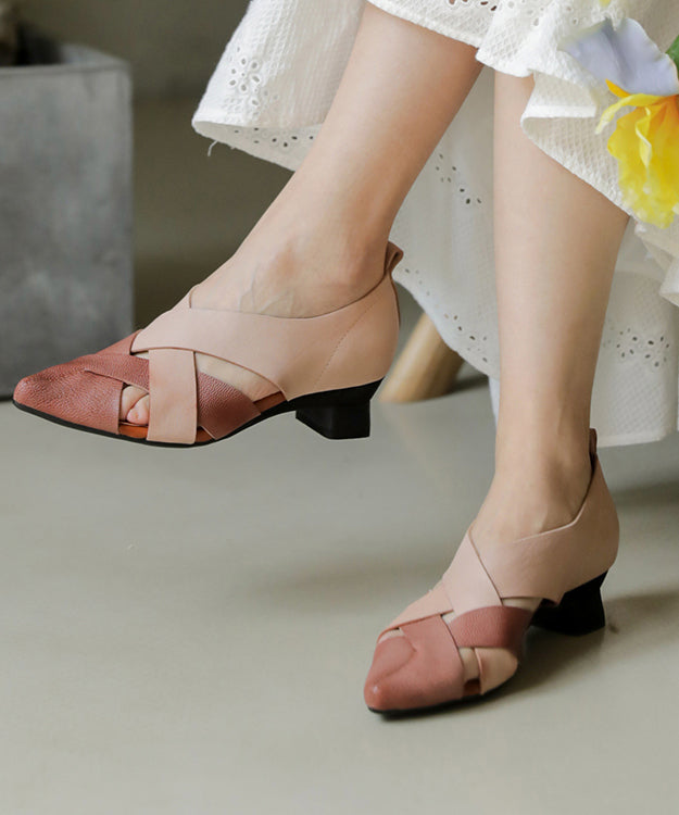 Pointed Toe Chunky Sandals Yellow Green Cowhide Leather Splicing Sandals