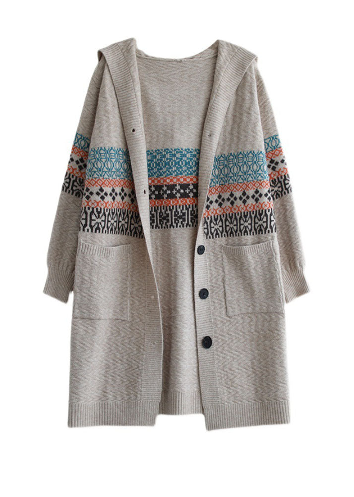 Beige Button Knitted Hooded Coats Cardigans