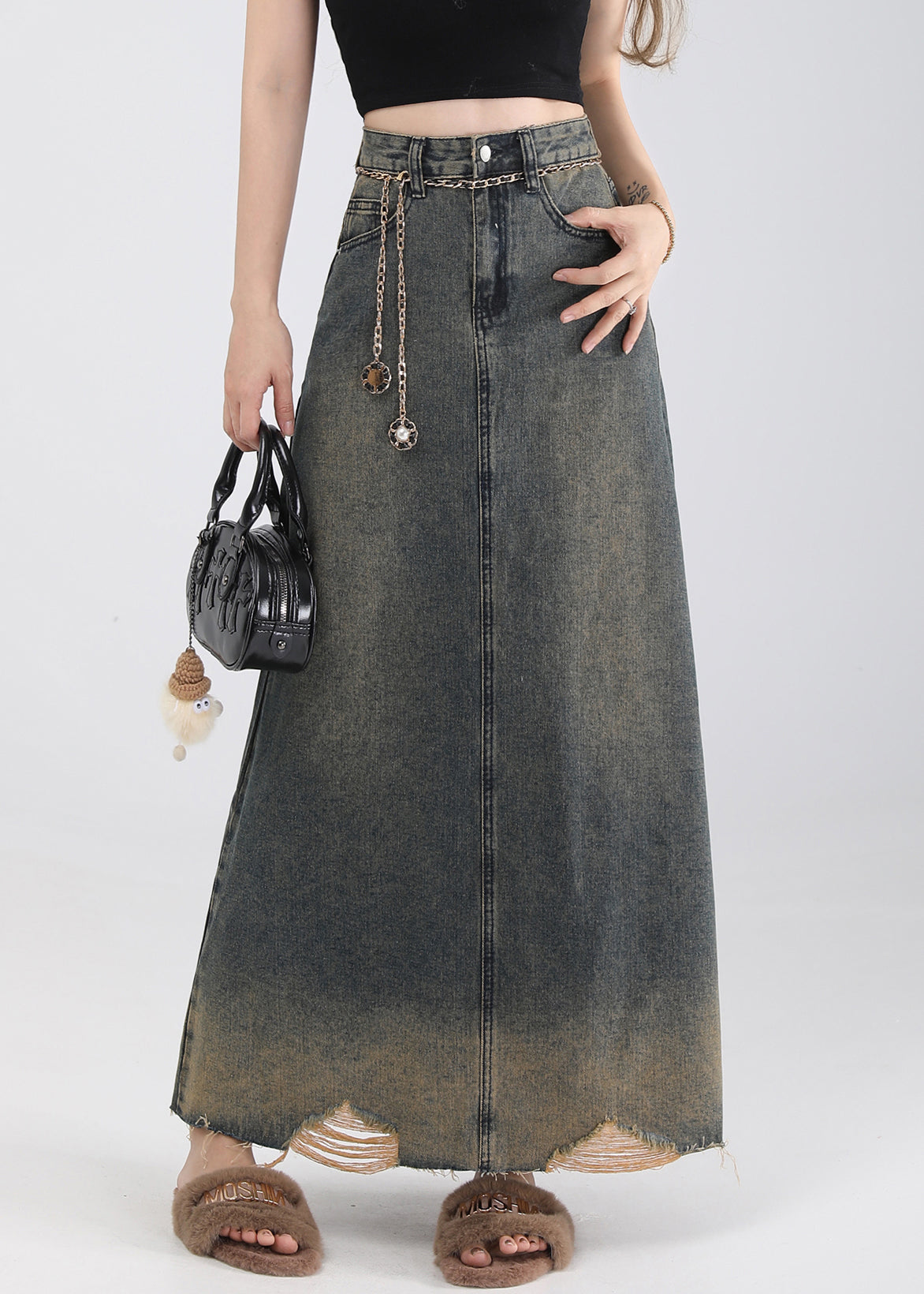 Blue Pockets High Waist Denim Skirt Summer