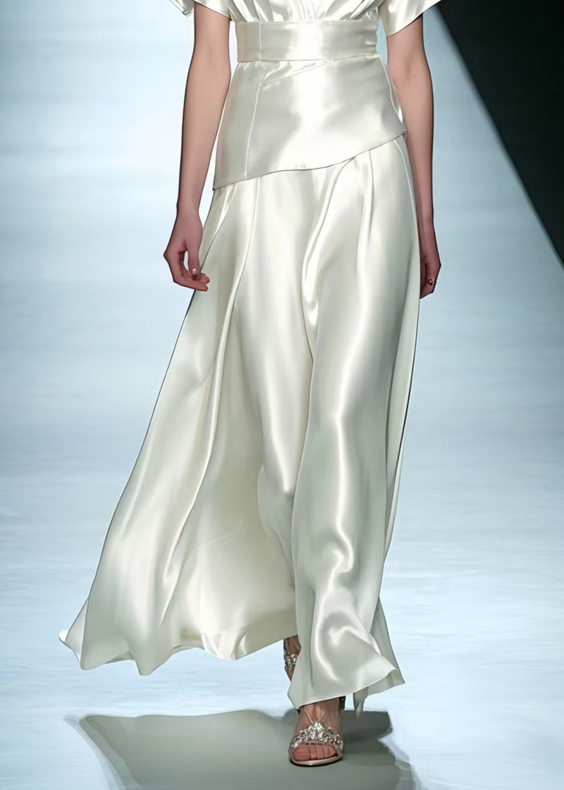 Simple Milk White Exra Large Hem Draping Silk Party Dress Summer