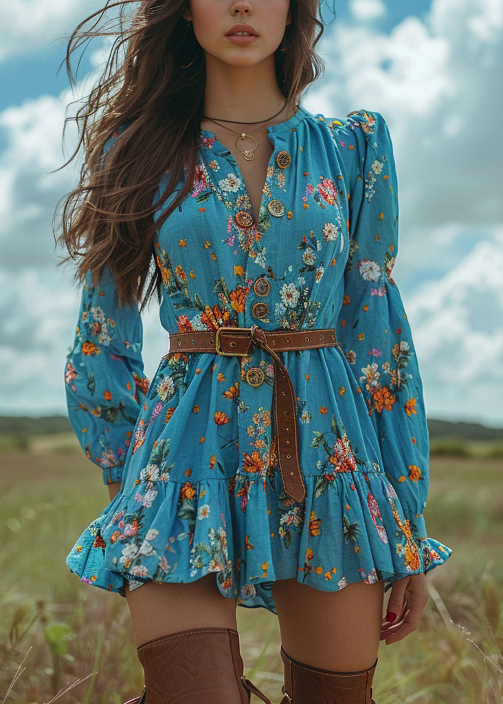 Blue Ruffled Print Button Cotton Short Dresses Spring