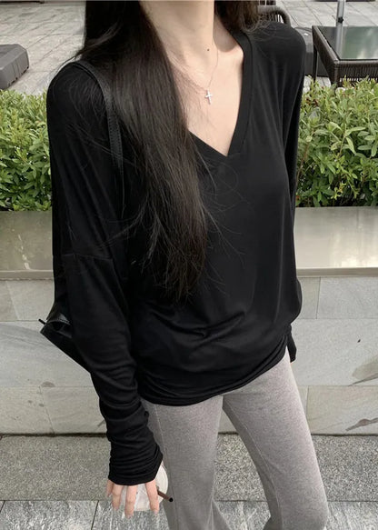 Loose Black Cozy Cotton T Shirts Batwing Sleeve