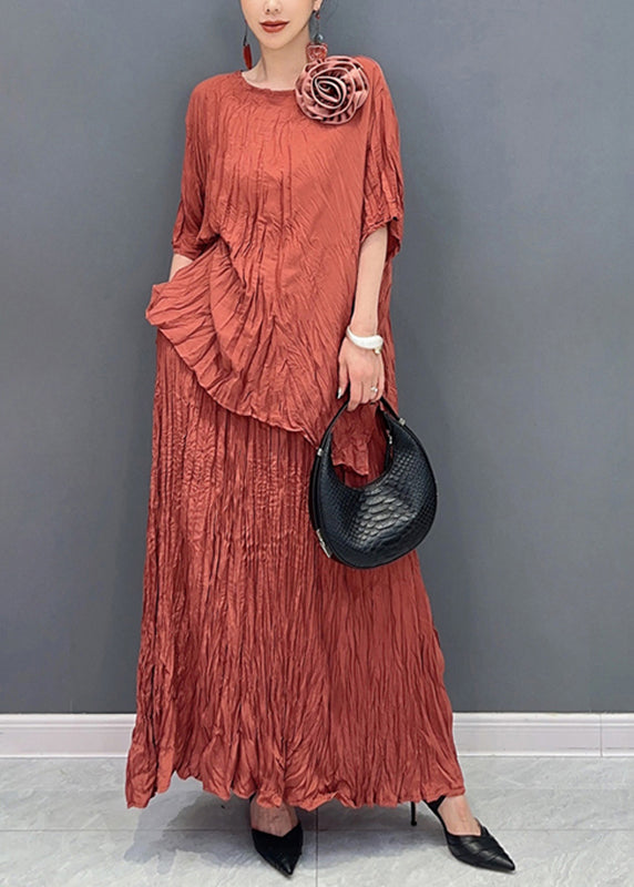 Classy Orange O-neck Wrinkled Top and Skirts Two Pieces Set Summer