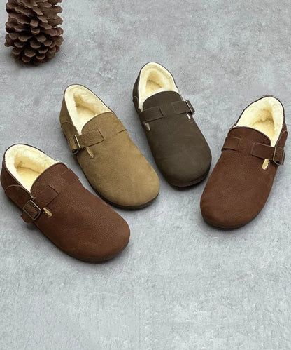 Coffee Cowhide Leather Flats Fuzzy Wool Lined Comfy Buckle Strap Flats