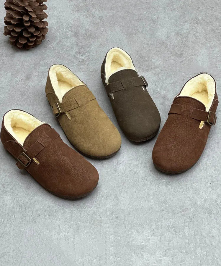 Coffee Cowhide Leather Flats Fuzzy Wool Lined Comfy Buckle Strap Flats