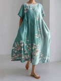 Japanese Art Flower Print Round Neck Casual Midi Dress