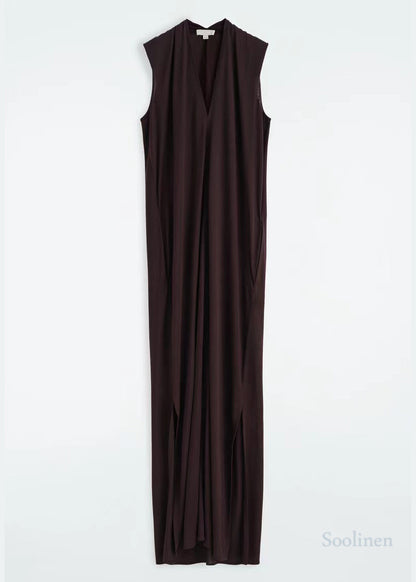 Chocolate V Neck Cotton Straight Dress Sleeveless