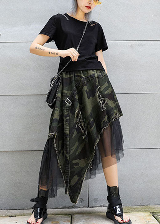 Italian Camouflage High Waist Denim Patchwork Tulle Asymmetrical Design Fall Skirts