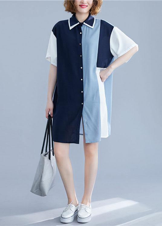 Blue Cotton Clothes Patchwork Summer Shirt Dress