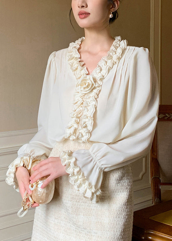 Art Apricot Ruffled Chiffon Shirt Petal Sleeve