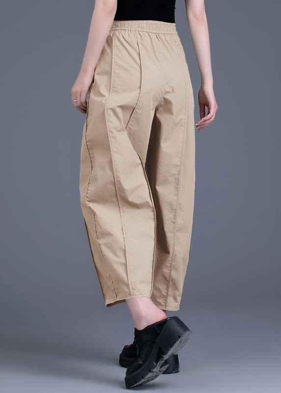 Purple Pockets Patchwork Elastic Waist Cotton Crop Pants Fall