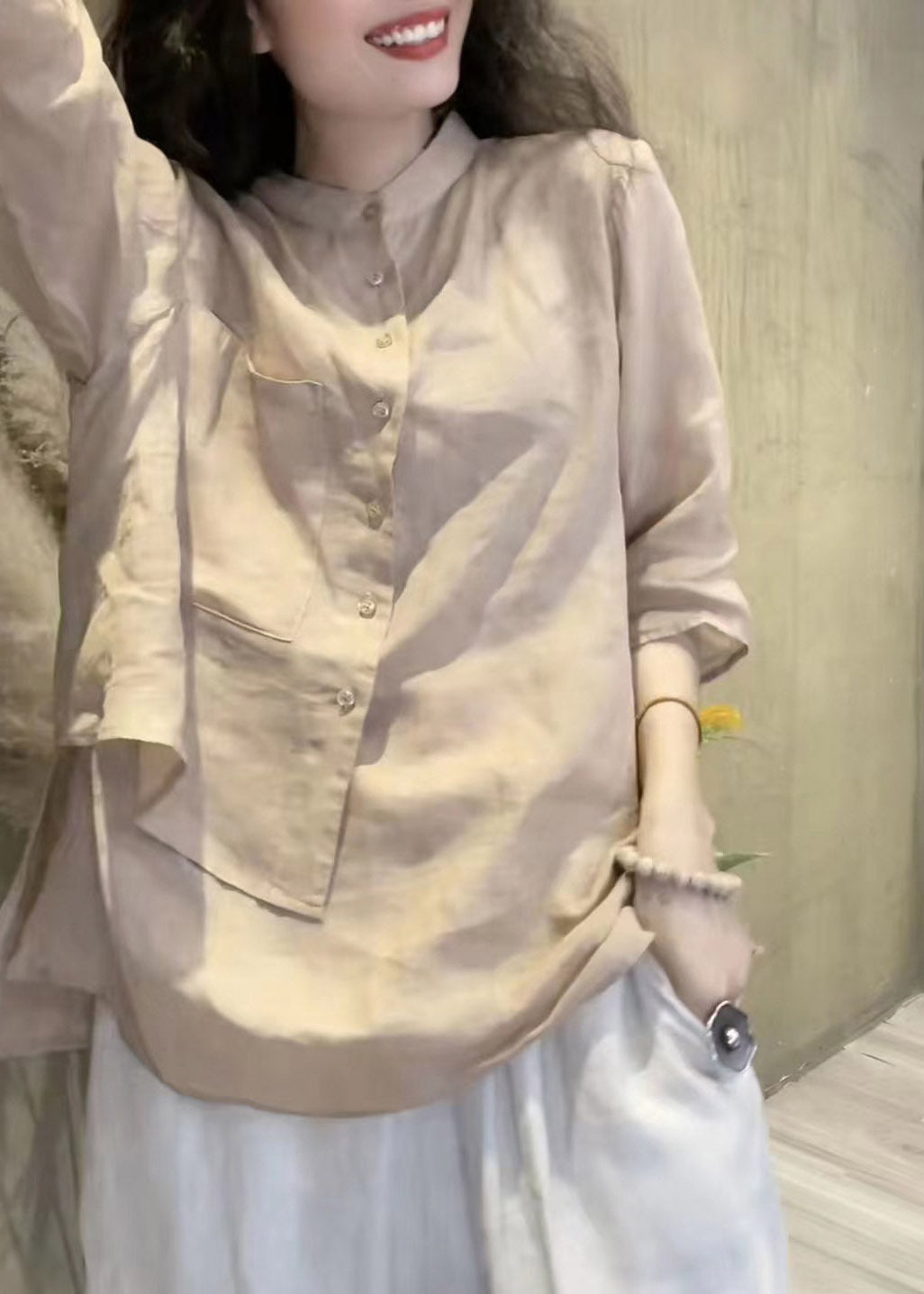 Green Stand Collar Asymmetrical Button Linen Shirts Long Sleeve