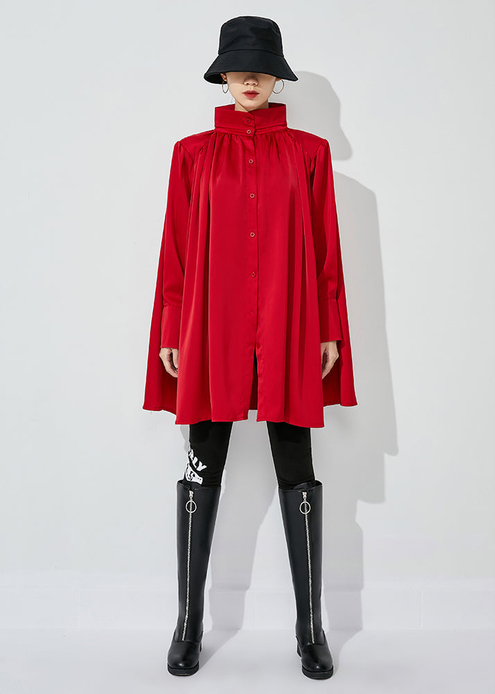 Red Stand Collar Oversized Wrinkled Silk Shirt Top Spring