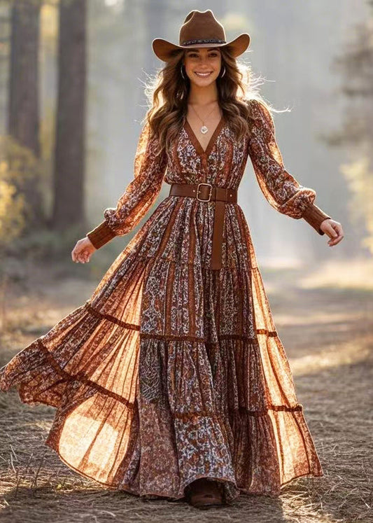 Brown Cinched Exra Large Hem Cotton Party Dress Spring