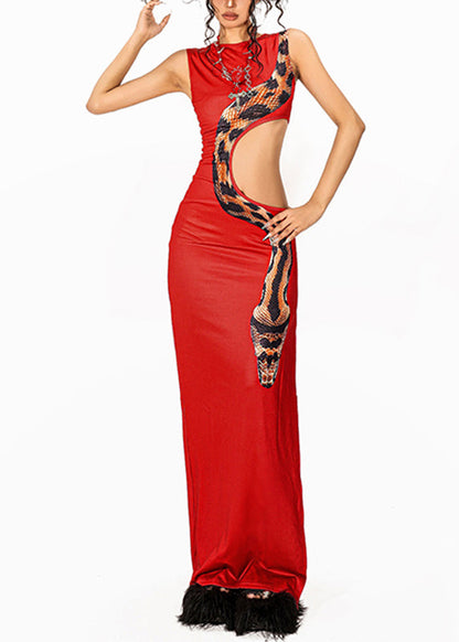 Slim Fit Red Python Print Hollow Out Vacation Maxi Dresses Summer