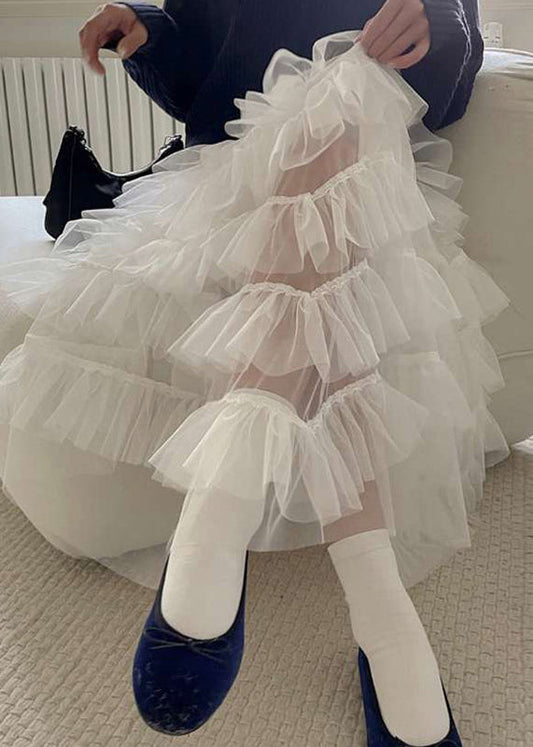 White Ruffles Patchwork High Waist Tulle Skirt Summer