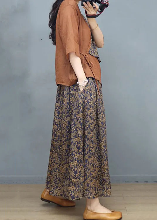 New Khaki Print Patchwork Tops and Skirts Cotton Two Pieces Set Summer