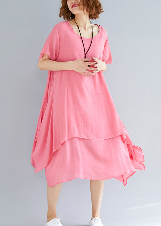 O Neck Asymmetric Linen Clothes Organic Neckline Pink Oversized Dress Summer