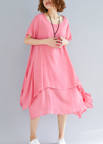 O Neck Asymmetric Linen Clothes Organic Neckline Pink Oversized Dress Summer