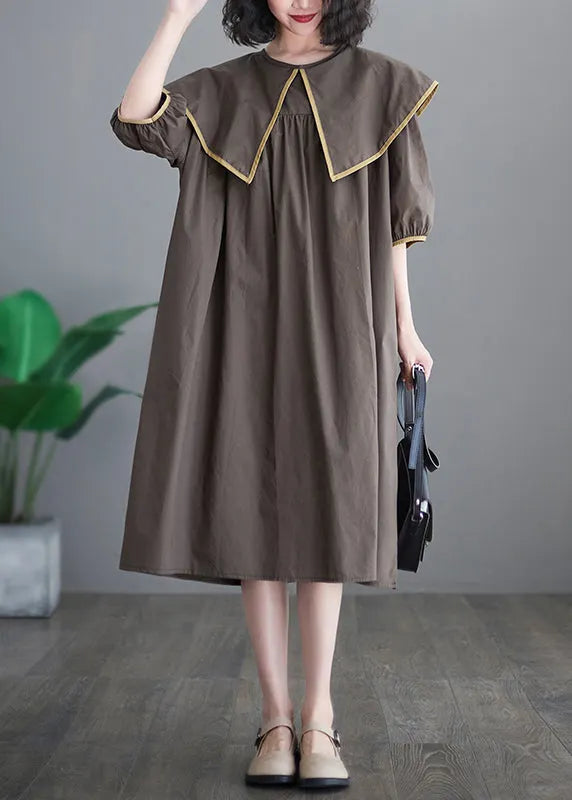 Chocolate Patchwork Cotton Long Dress Oversized O-neck Half Sleeve