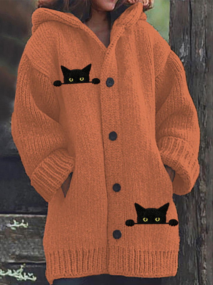 Women's Casual Funny Black Cat Print Hood Sweater artswardrobe