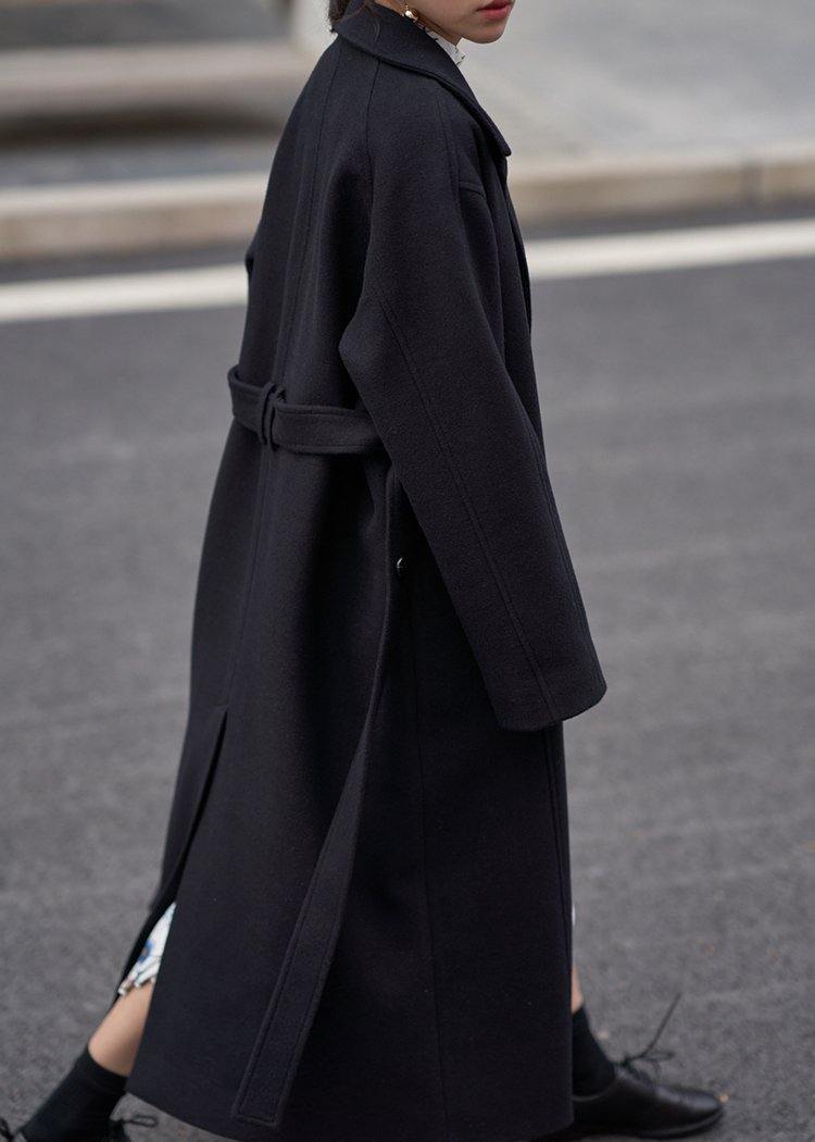 Fine Oversize Long Coats Black Notched Tie Waist Wool Jackets