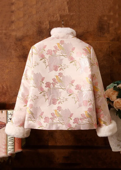 Jacquard Pink Fur Collar Fuzzy Ball Patchwork Down Coats Winter