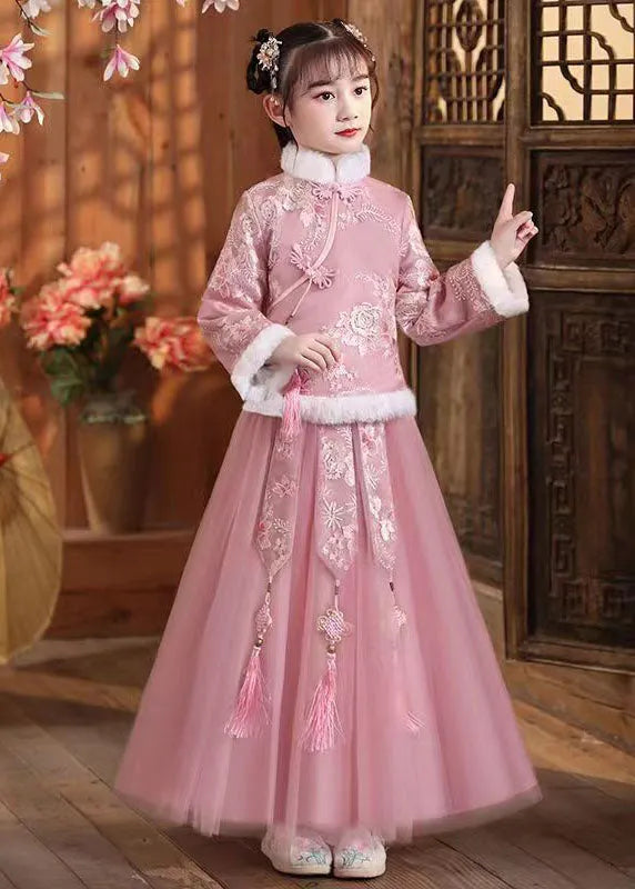 Pink Fur Collar Embroideried Coats and Tulle Maxi Skirts Two Pieces Set Winter