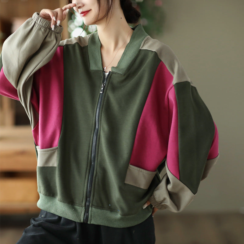 Retro Color-blocking Loose Long-sleeved Literary Jacket