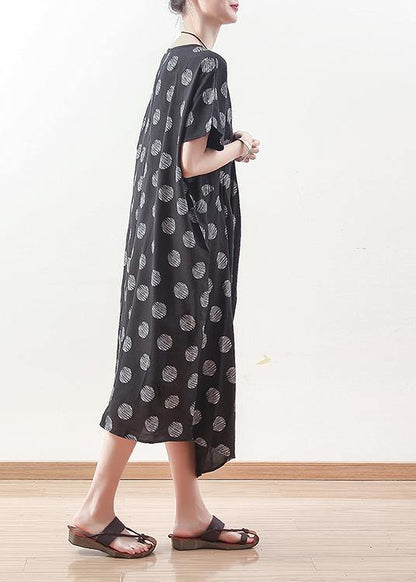 French Black Prints Linen Dress Sewing Draping Long Summer Dresses