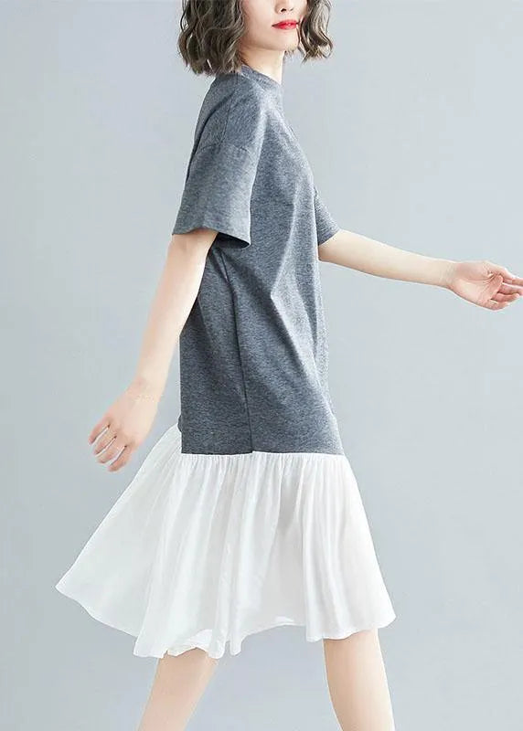 Unique Asymmetric Patchwork Cotton Tunic Shirts Gray Short Sleeve Traveling Dresses Summer