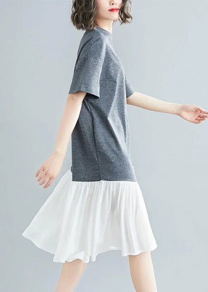 Unique Asymmetric Patchwork Cotton Tunic Shirts Gray Short Sleeve Traveling Dresses Summer