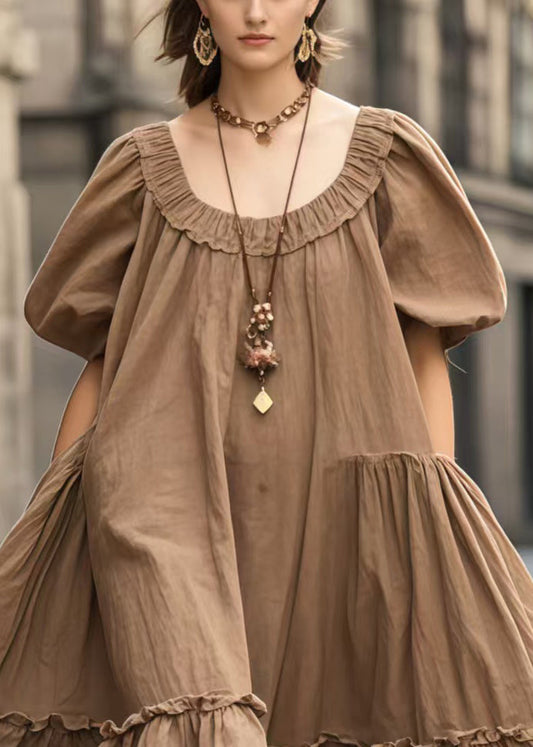 Brown Oversized Ruffled Vacation Dresses Lantern Sleeve