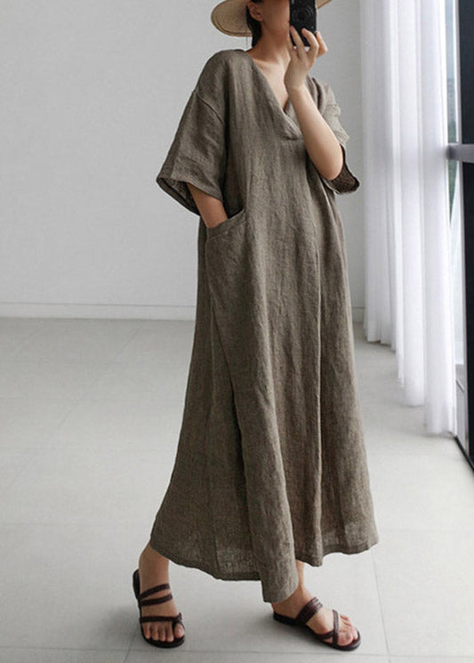 Grey Peter Pan Collar Pockets Linen Long Dresses Short Sleeve