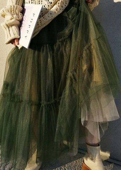 Simple Green Cinched High Waist Tulle Skirts Spring