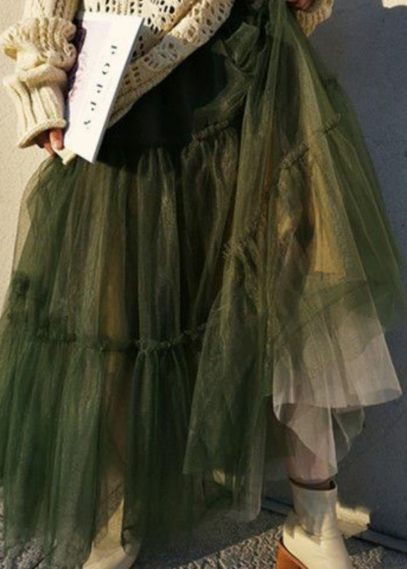 Simple Green Cinched High Waist Tulle Skirts Spring
