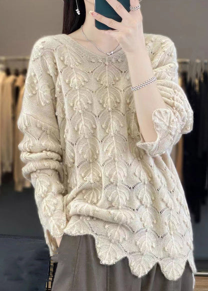 Light Camel V Neck Hollow Out Woolen Knit Sweaters Fall