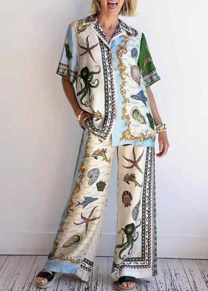 Apricot Peter Pan Collar Button Shirts and Wide Leg Pants Two-piece Set Summer