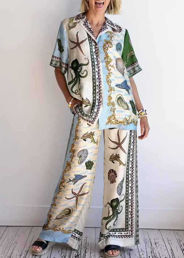 Apricot Peter Pan Collar Button Shirts and Wide Leg Pants Two-piece Set Summer