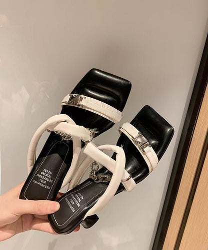 Stylish Splicing High Heel Gold Cowhide Leather Slide Sandals