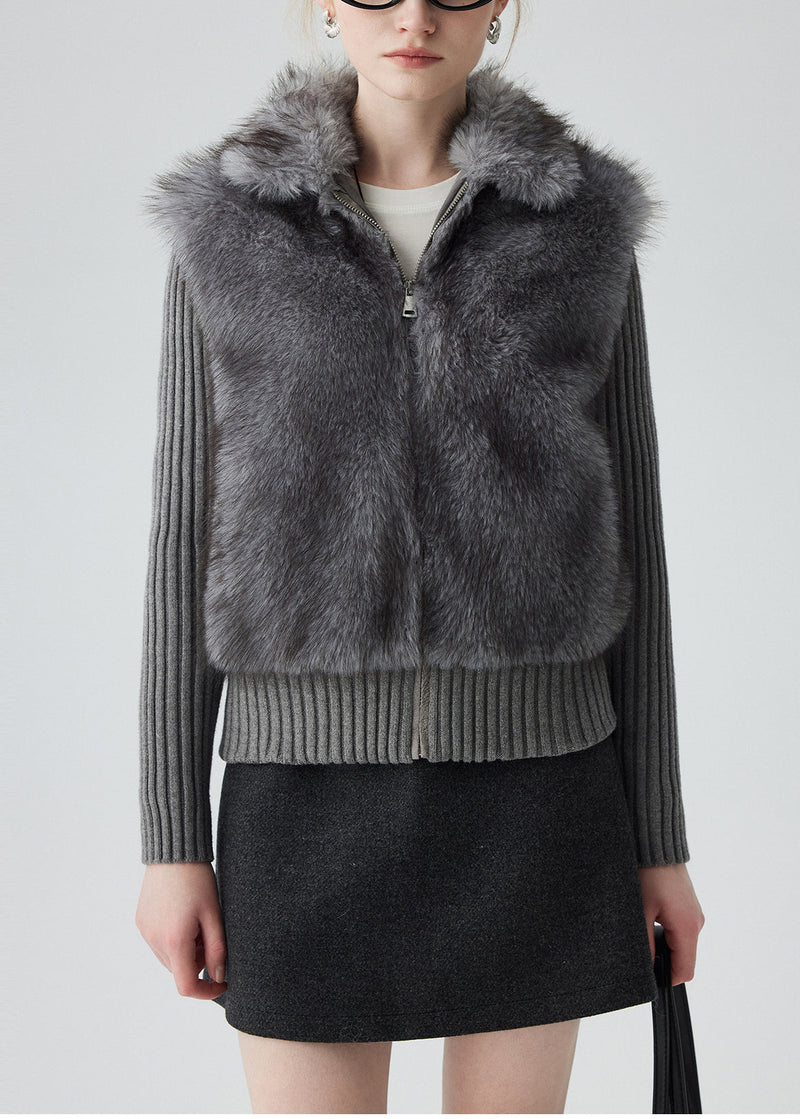 Grey Peter Pan Collar Patchwork Faux Fur Knit Cardigan Winter